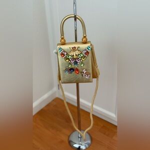 Gold Mini Crossbody Bag with Multicolor Crystal Accents